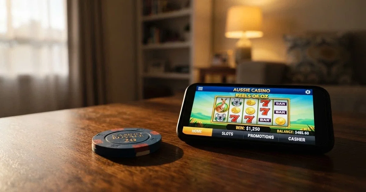 Australian one-dollar coin beside a smartphone displaying an online casino game lobby