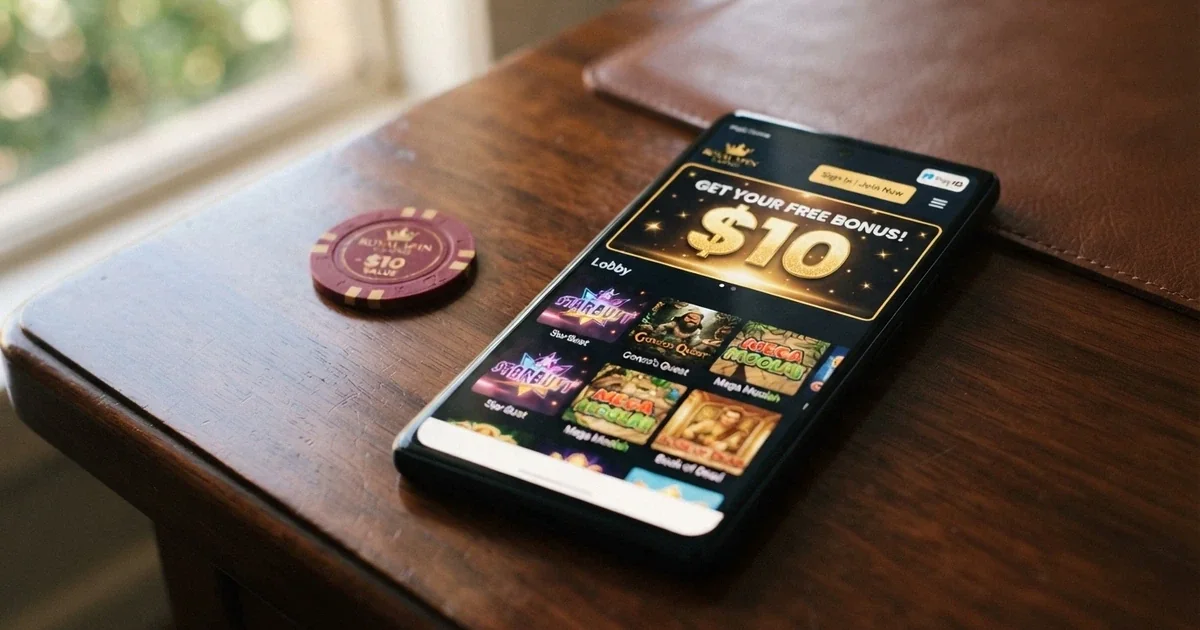 A smartphone displaying an Australian online casino lobby with a $10 no-deposit bonus banner and a PayID payment option visible on screen
