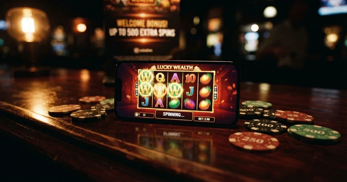 A smartphone displaying colourful online pokies reels with casino chips and a welcome-bonus banner in the foreground