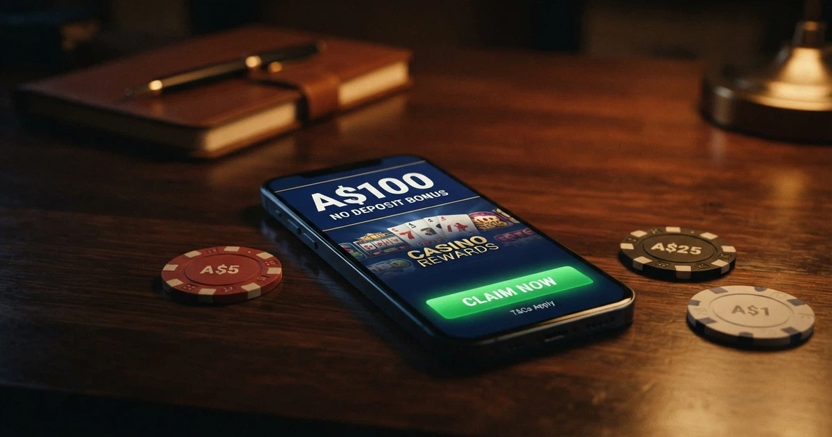 A smartphone showing an online casino bonus offer screen with a “$100” banner, set against a dark background with poker chip graphics