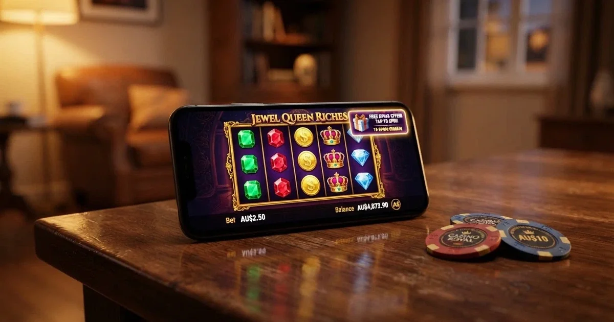 A smartphone screen showing a colourful online pokies game with a free-spins notification badge and Australian dollar symbols visible beside the reels