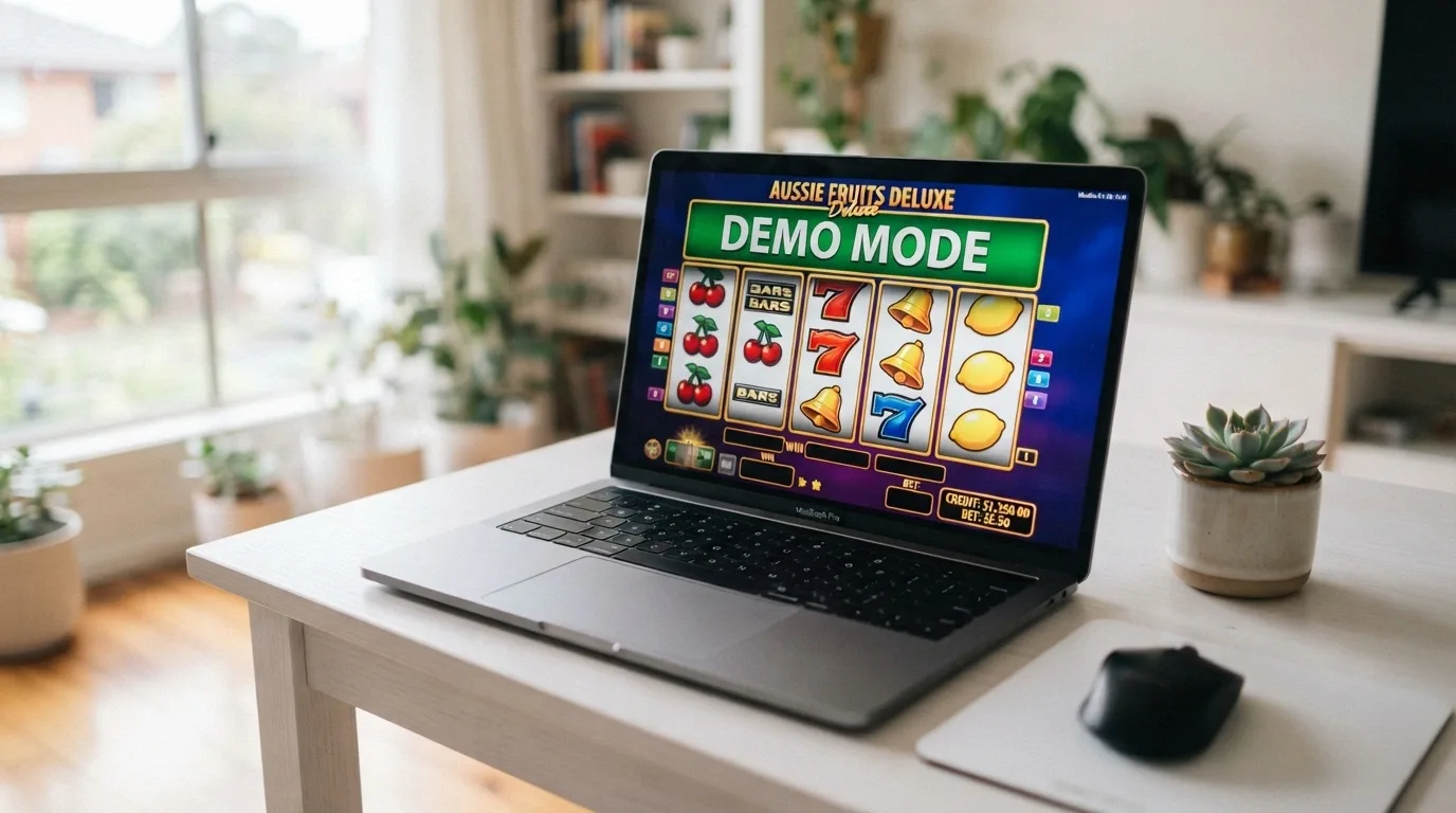 A laptop screen showing a 1spin4win slot in demo mode with a virtual-credit balance displayed