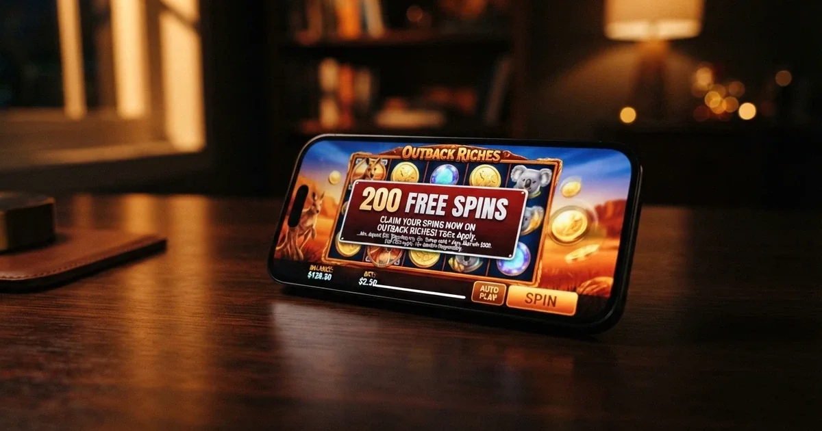 A smartphone screen showing a colourful online pokie game with a pop-up banner reading “200 Free Spins” and fine-print terms visible below it