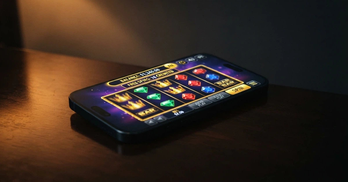 A smartphone screen showing an online pokie game with free spins credited in the balance bar, set against a dark background with the words “No Deposit Required” visible on screen.