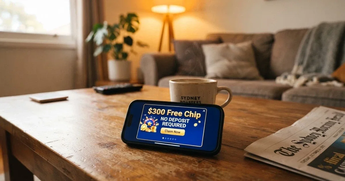 A smartphone screen displaying a colourful online casino bonus pop-up with the text “$300 Free Chip — No Deposit Required,” set against a softly blurred living room background with a coffee cup nearby