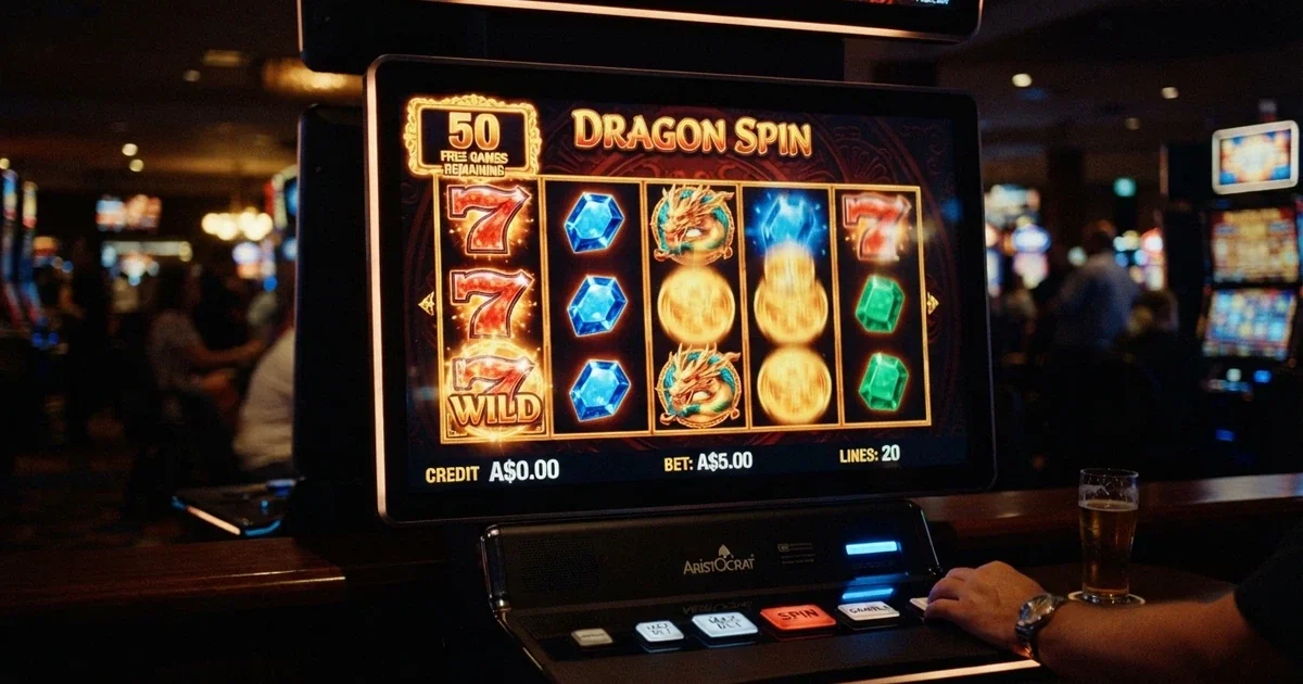 A pokies screen showing a free-spins bonus round with 50 spins credited and a zero-deposit balance displayed