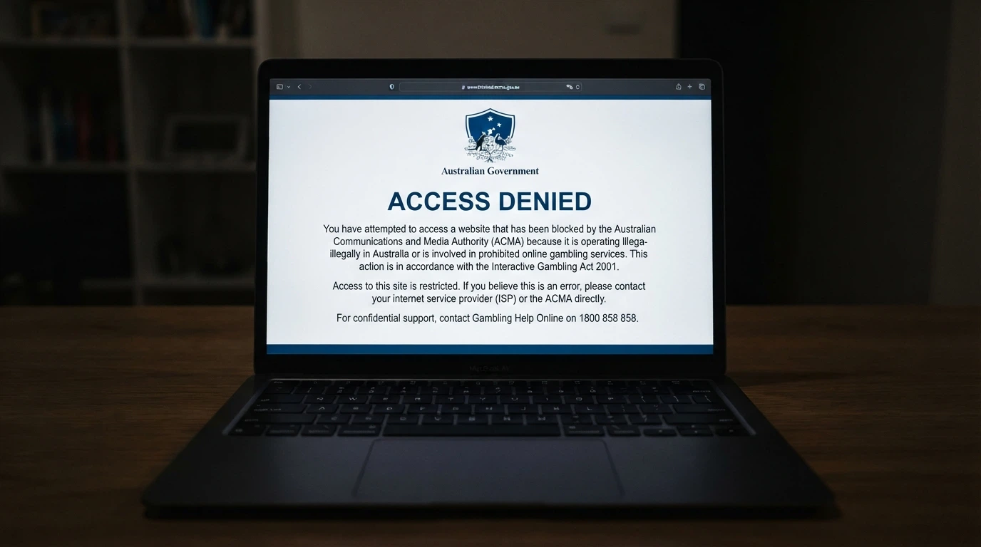 A browser window showing an ACMA site-block landing page — the screen an AU player sees when an ISP blocks a gambling site