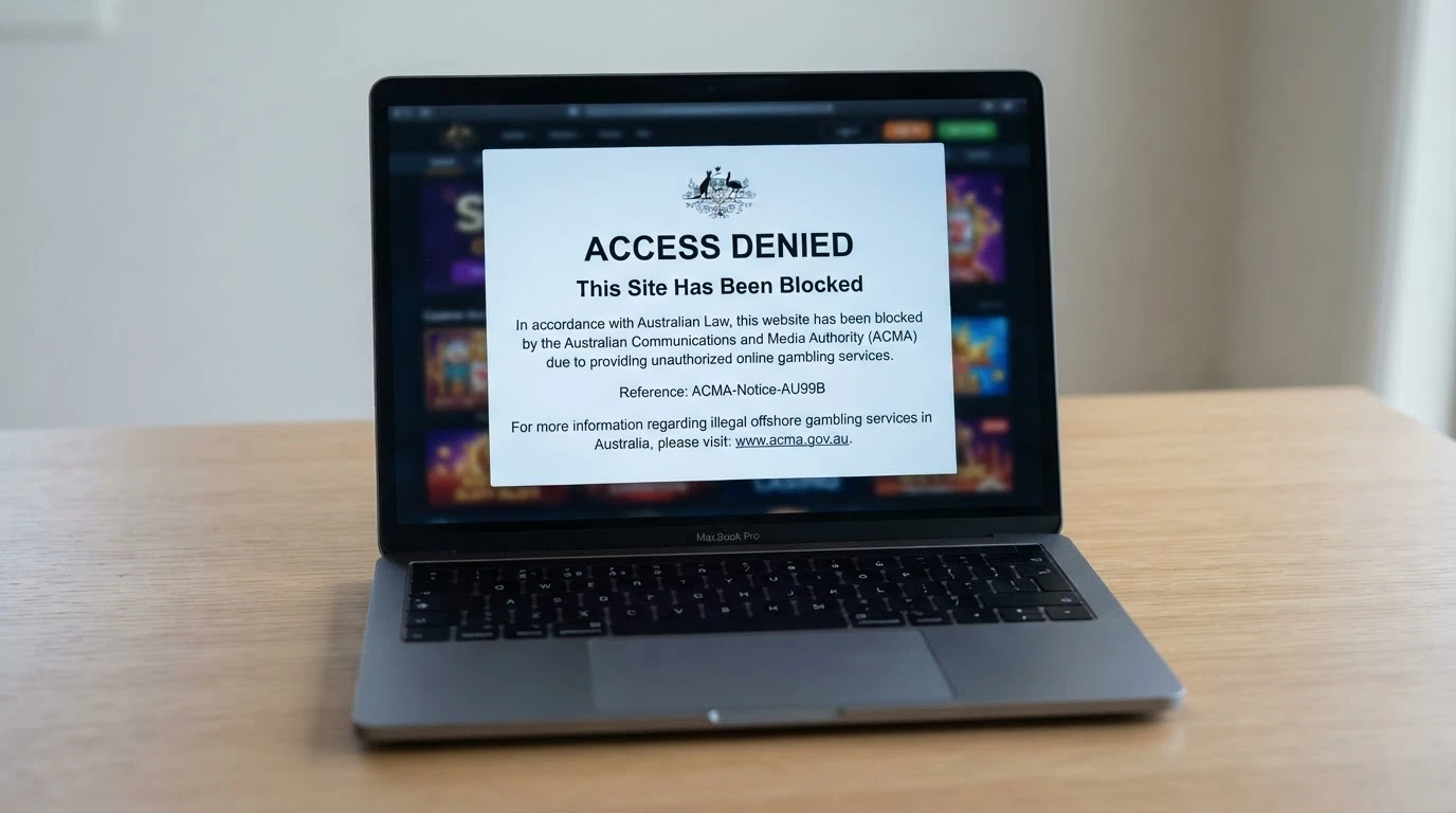 A laptop browser displaying an ACMA site-blocked notice — the familiar white screen with black text stating the site is inaccessible under Australian law — with a casino logo faintly visible beneath