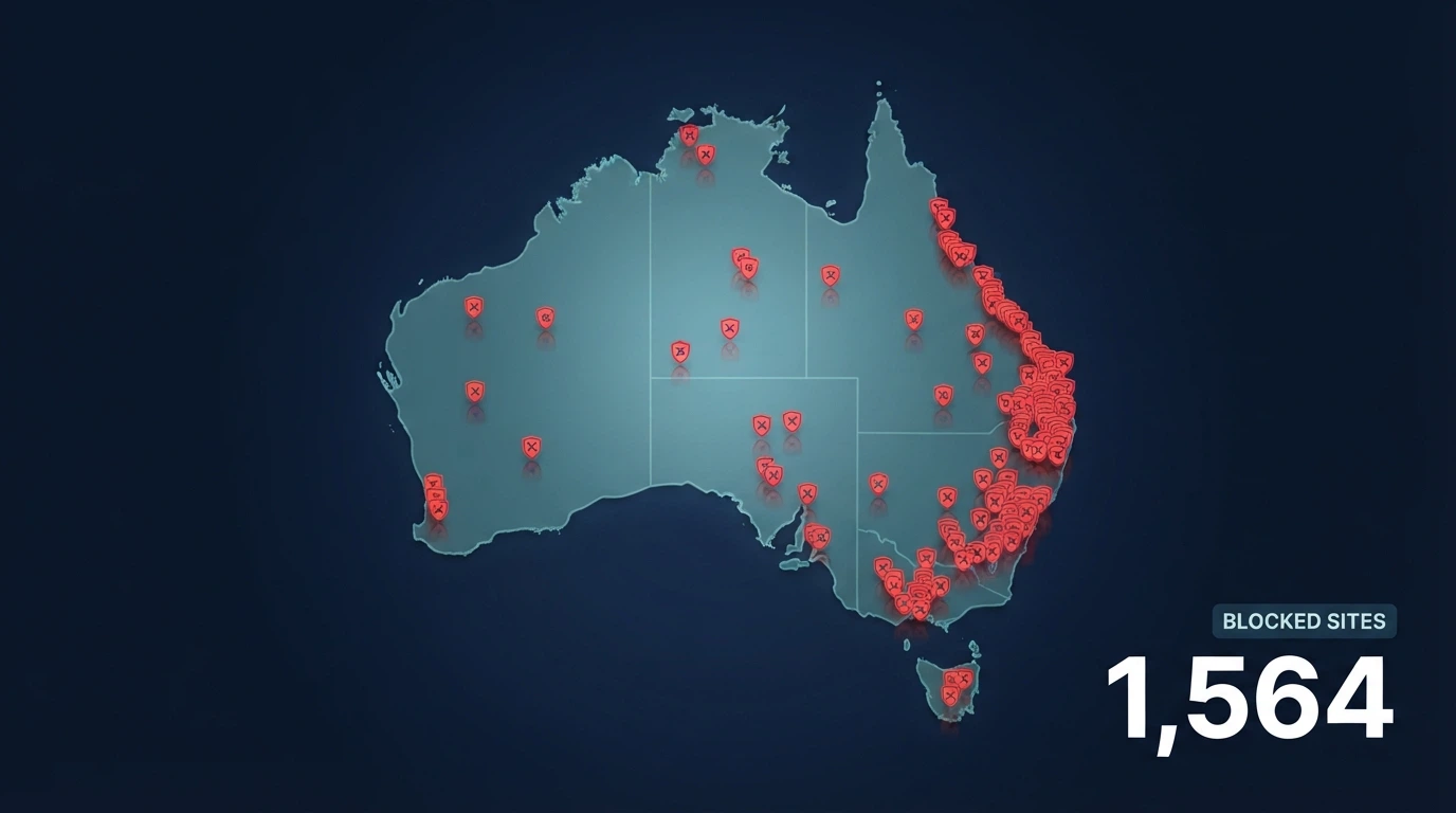 A stylised map of Australia with blocked-site icons and a count of 1,564 displayed prominently