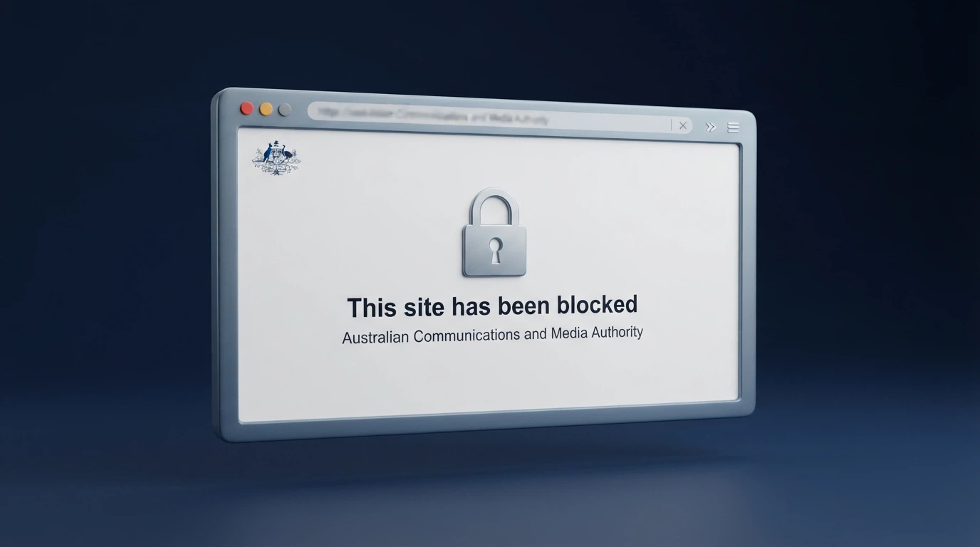 Stylised browser window showing an ACMA blocking notice with a padlock icon and Australian government branding, casino URL blurred in the address bar