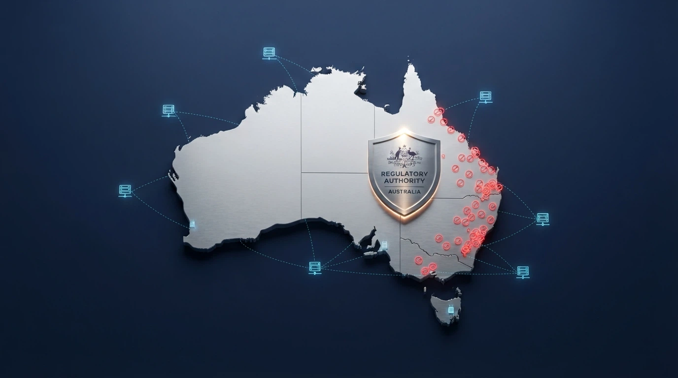 A map of Australia with offshore server icons dotted around its perimeter and red blocked-site markers overlaid, a shield labelled ACMA in the centre