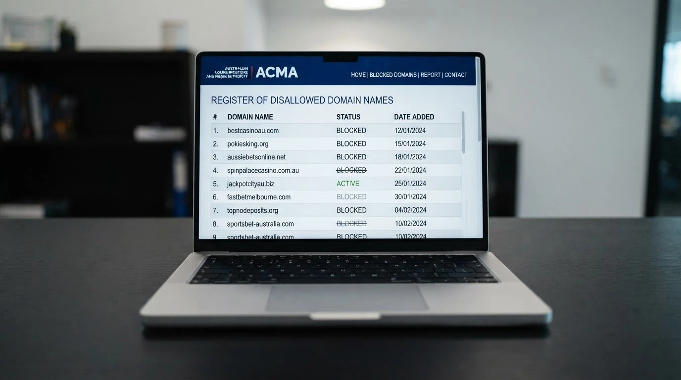 A government-style webpage header with “ACMA” visible and a list of blocked-site domain names partially obscured
