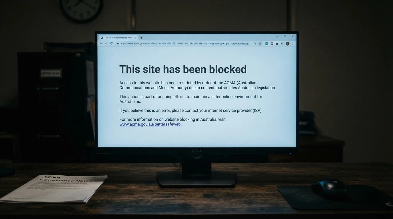 A browser window displaying an ACMA website-blocking notice with the Australian Government crest, the URL bar showing a blocked casino domain