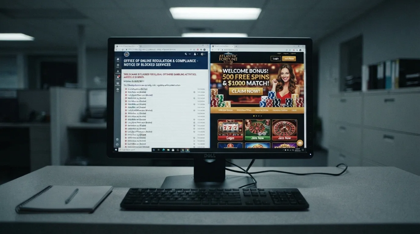 A browser window displaying the ACMA website's blocked-services page alongside an offshore casino landing page, illustrating the gap between what is promoted and what is permitted.