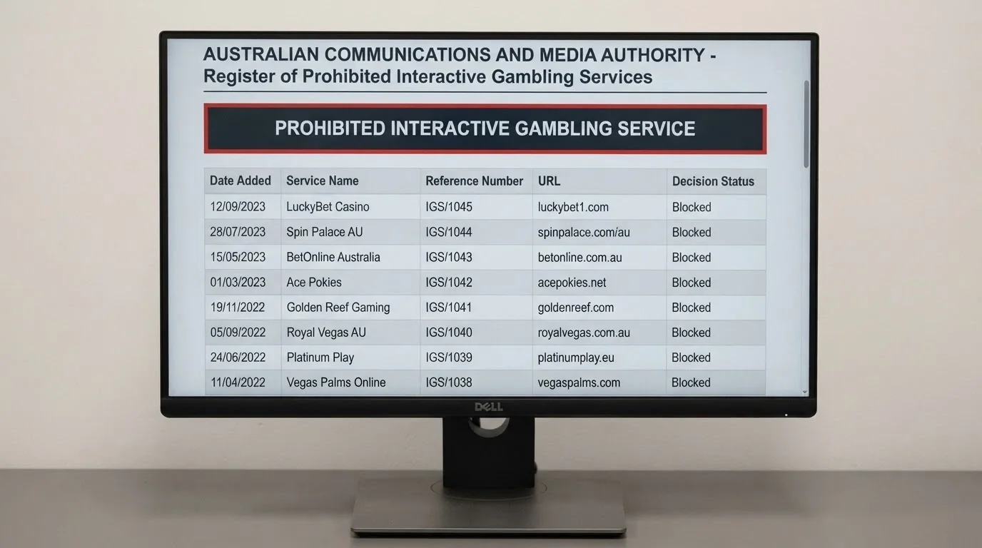 An official-looking webpage displaying an ACMA notice about an illegal offshore gambling site, with the ACMA logo and the phrase “prohibited interactive gambling service” clearly legible.