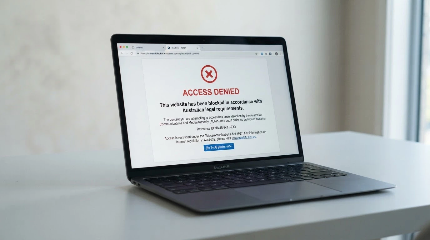 A screenshot of an ACMA website-blocking notice displayed in a browser window, with the Australian Government crest visible