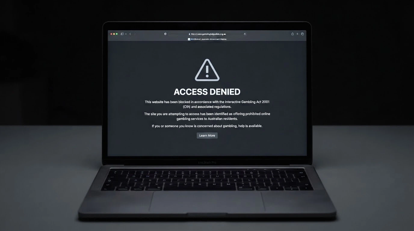 A web browser displaying an ACMA blocking notice with the text “This website has been blocked following an ACMA investigation”