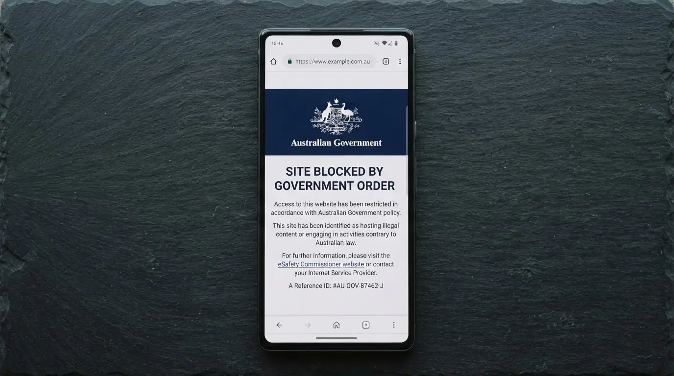 A browser window on a phone displaying an ACMA-blocked-site notice or a regulatory warning page with official Australian government branding