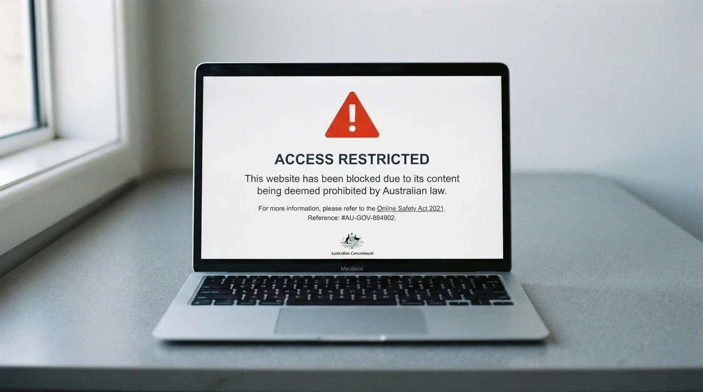 A browser window displaying the ACMA website-blocking notice that Australian ISPs serve when a blocked gambling site is accessed