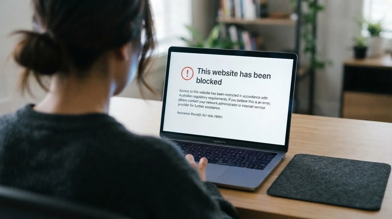 A browser window showing the ACMA website-blocking notice — the familiar “This website has been blocked following an ACMA investigation” screen — with the Australian coat of arms visible