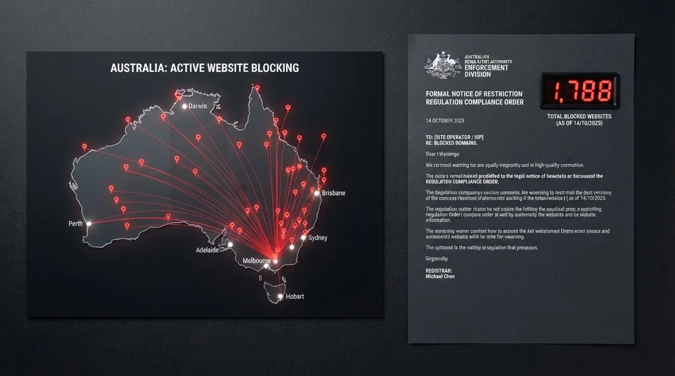 A map of Australia overlaid with red blocked-site pins radiating outward and a formal warning letter bearing an official ACMA header beside a tally counter showing 1,788