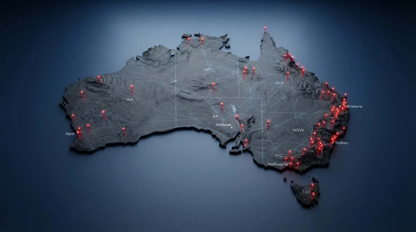A stylised map of Australia overlaid with blocked-site markers and the ACMA logo, showing the scale of enforcement