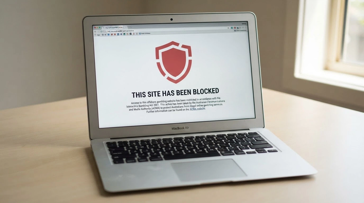 ACMA website page listing blocked illegal gambling websites with the Australian Government coat of arms visible in the header