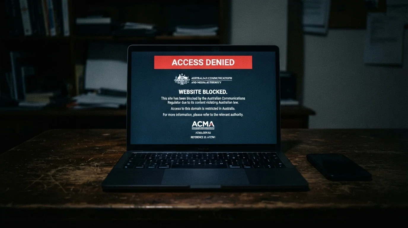 A browser window displaying an ACMA blocking notice — the official “This website has been blocked” screen shown by Australian ISPs, with the ACMA logo visible