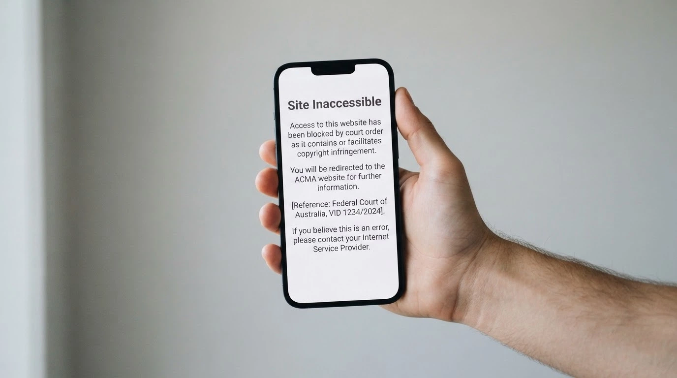 A smartphone screen showing an ACMA block notification page with the message that the site is inaccessible, held by a hand against a neutral background