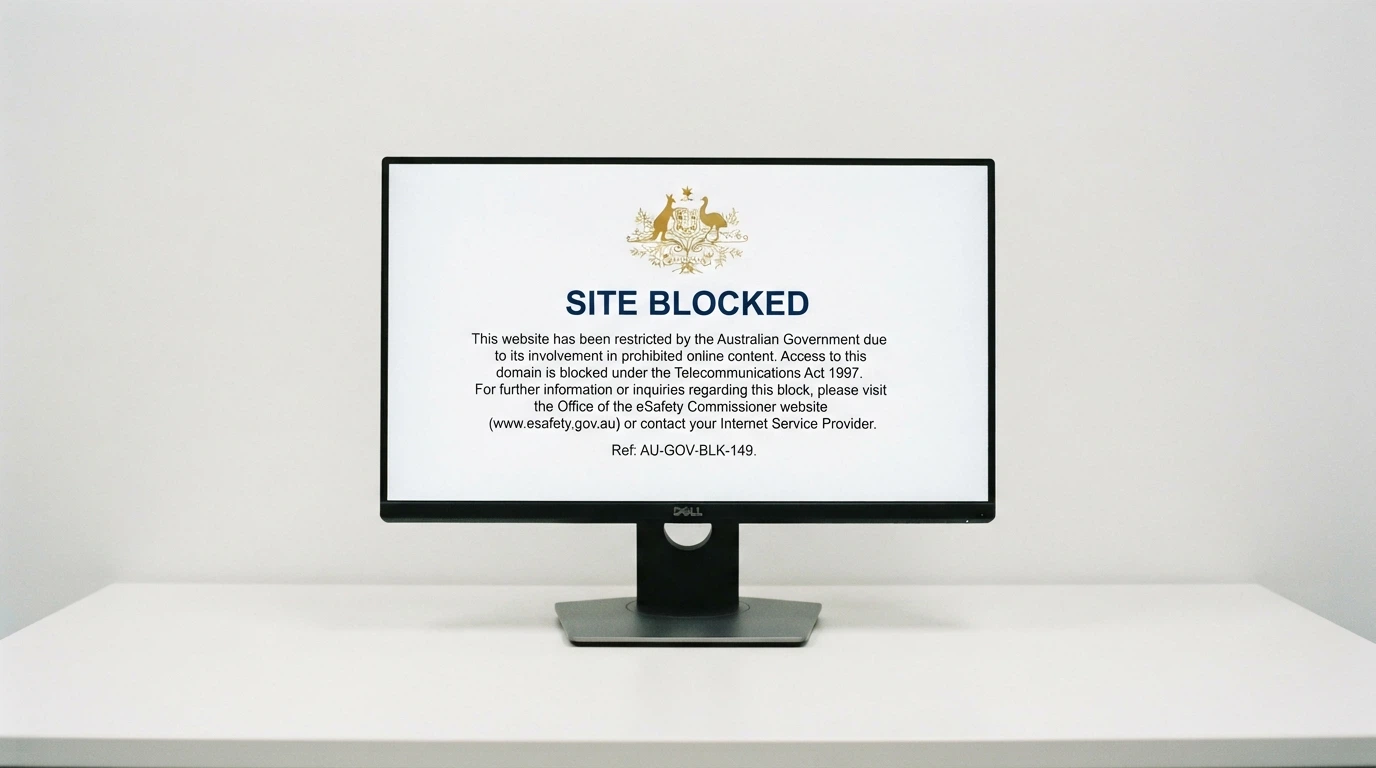 A computer monitor displaying the ACMA website blocking notice — a white page with the Australian Government crest and text confirming the site has been blocked under the Interactive Gambling Act 2001
