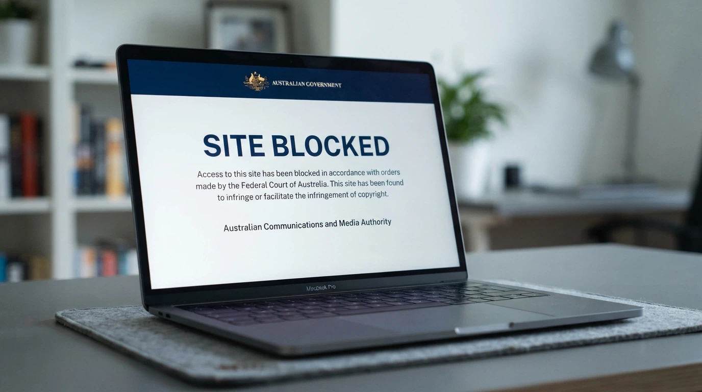 A browser window displaying an ACMA site-blocking notification page with the Australian Government crest visible