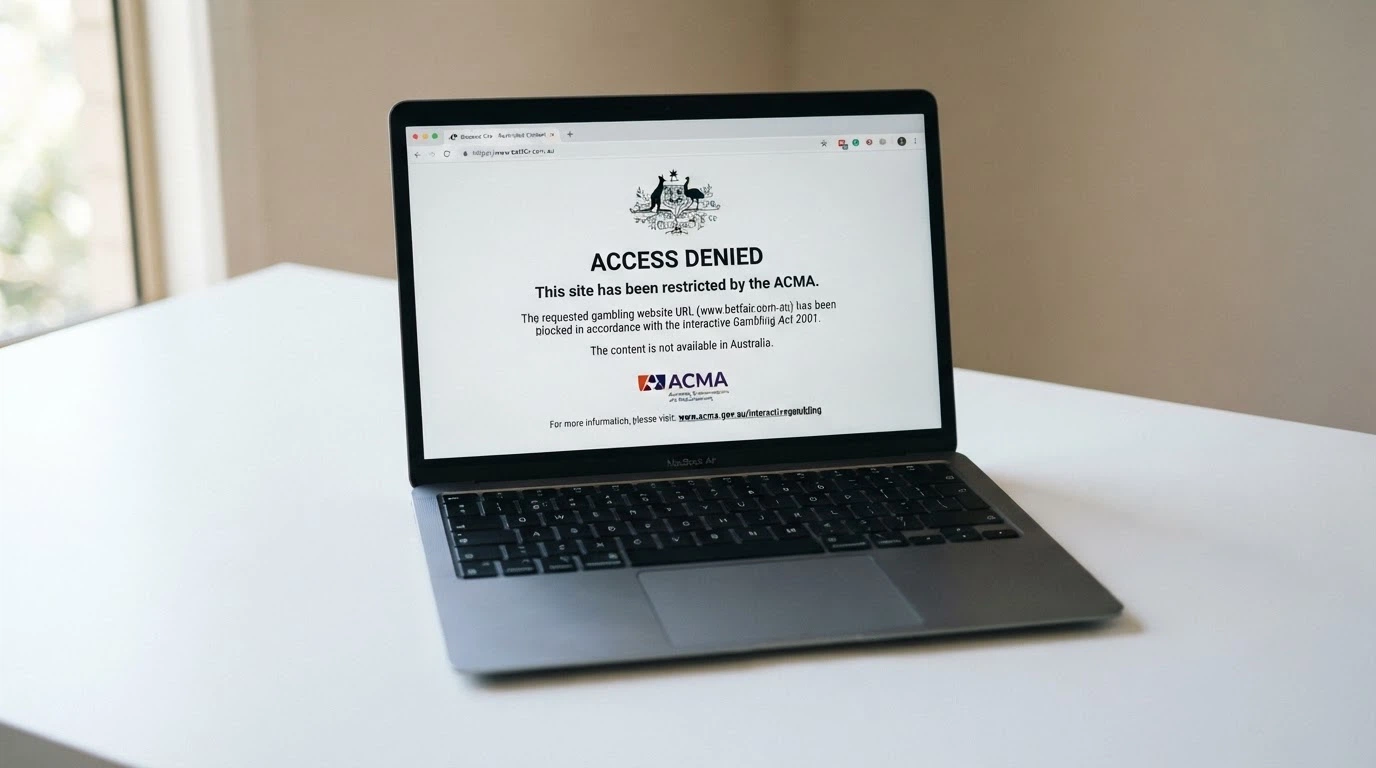 A laptop screen displaying the ACMA website blocking notice that appears when an Australian user attempts to visit a blocked illegal gambling site