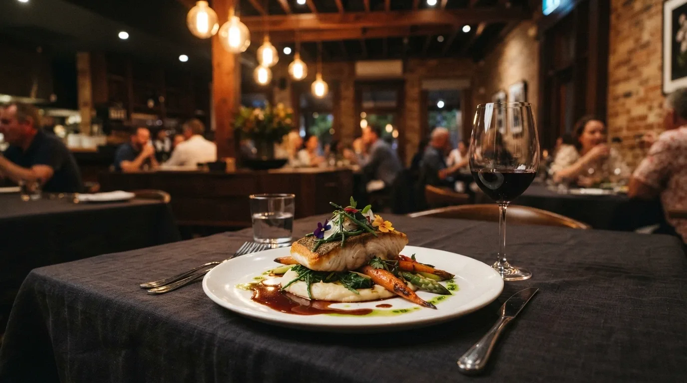 An elegantly plated dish at one of SkyCity Adelaide's signature restaurants with the dining room atmosphere visible behind