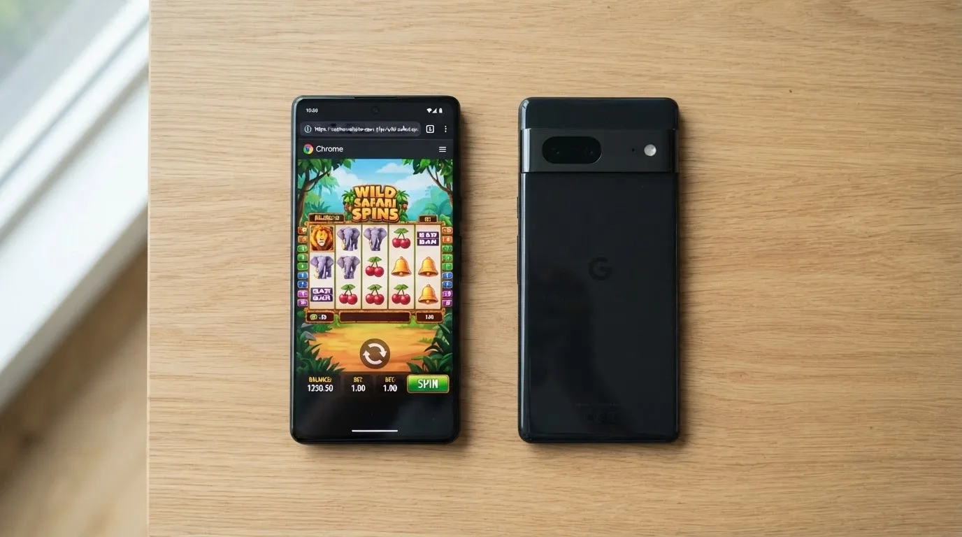 A split-screen comparison: on the left, the Google Play Store showing no real-money pokies results; on the right, a mobile browser displaying the same casino's working pokies game
