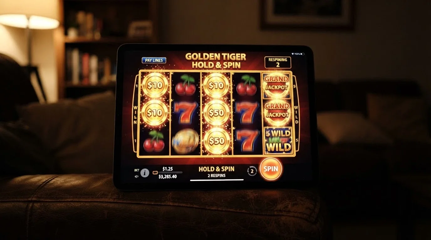 An iPad in portrait orientation running Aristocrat's Lightning Link with the hold-and-spin bonus feature active, the touch controls visible