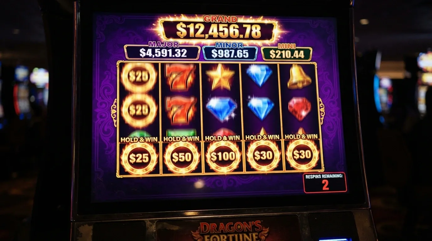 A close-up of a pokies screen showing a Lightning Link progressive jackpot display with the hold-and-win feature active
