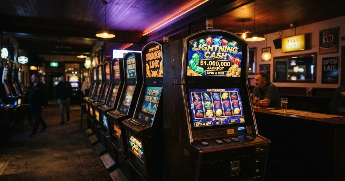 An array of classic Aristocrat pokie machines in a row, the iconic brand logo lit up on the cabinet top