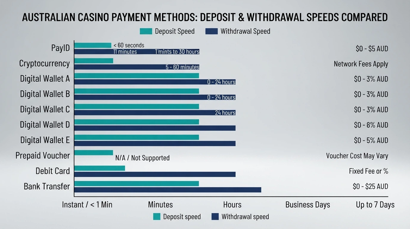 Horizontal bar chart comparing ten payment methods by deposit and withdrawal speed, with Australian dollar figures for fees beside each bar