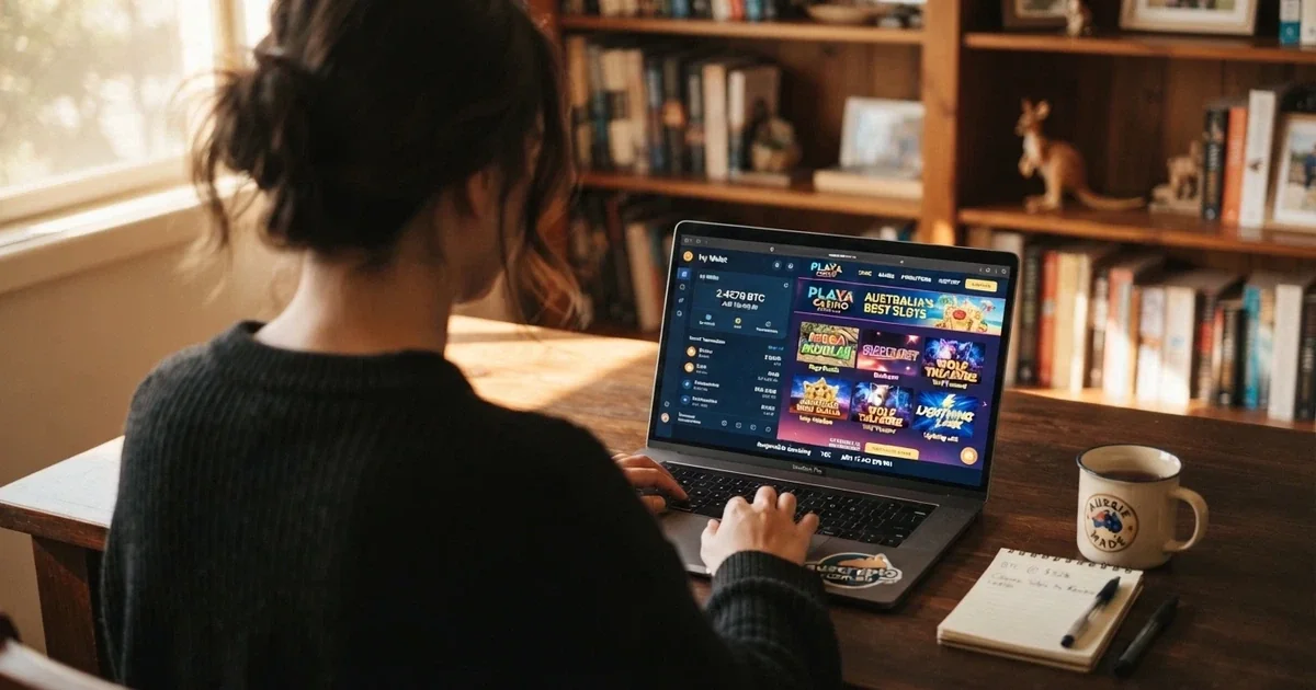 A laptop screen showing a cryptocurrency wallet balance in Bitcoin beside an online casino game lobby, with Australian-dollar conversion visible
