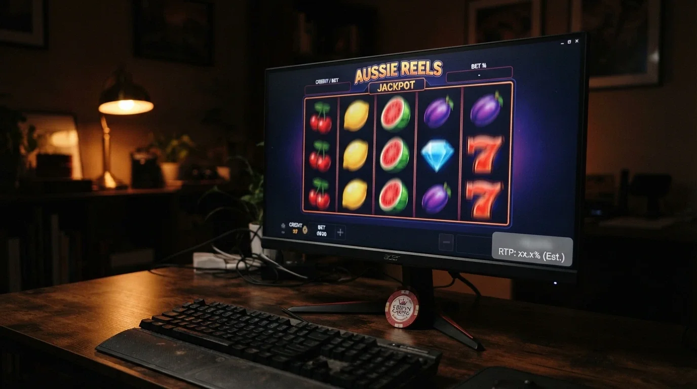 A row of five online pokies reels mid-spin on a desktop screen, with the RTP percentage greyed out on the info panel