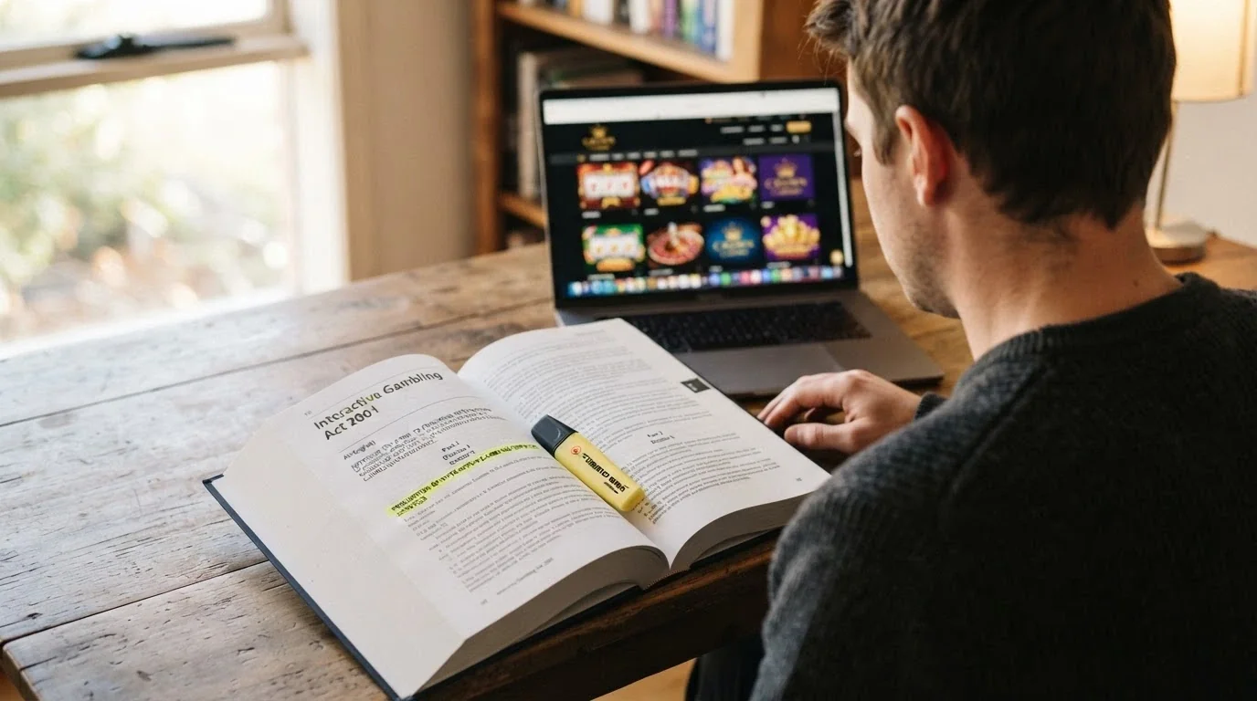 An open copy of Australian legislation with the Interactive Gambling Act 2001 visible, a highlighter on the prohibition section, and a laptop showing a casino site in the background