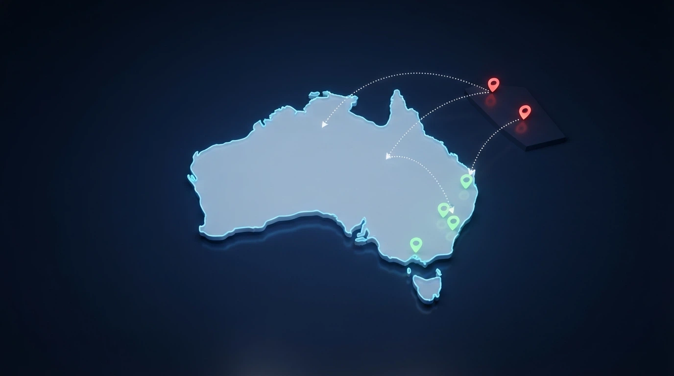An outline map of Australia with markers for licensed wagering services inside the border and offshore casino servers outside it, connected by dotted lines crossing the perimeter