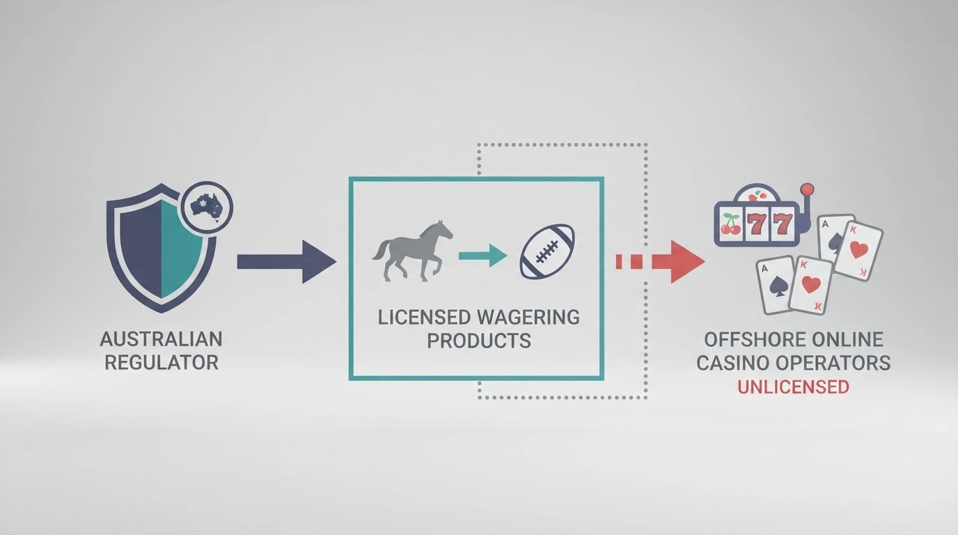 A simplified diagram showing the relationship between the Australian regulator, licensed wagering products, and offshore online casino operators outside the Australian licensing perimeter