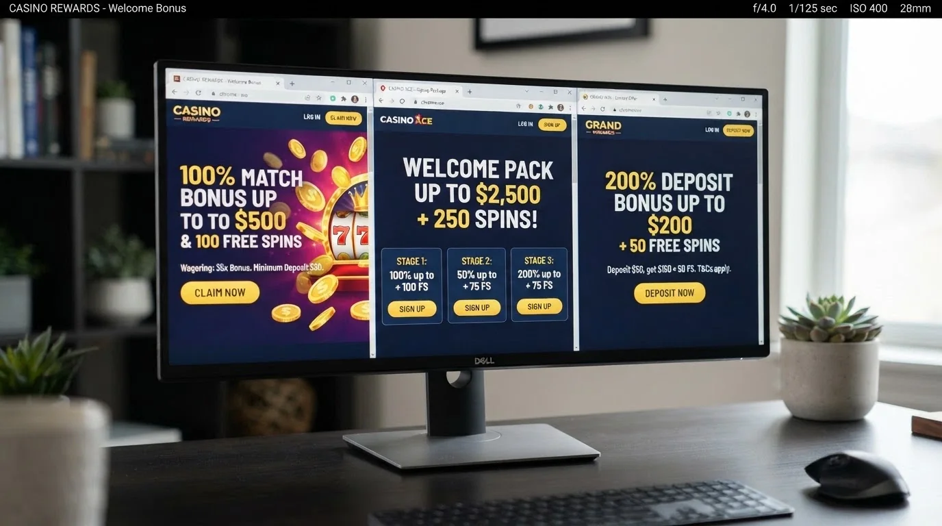 A side-by-side display of three operator welcome-offer pages on separate browser tabs, each showing a different bonus headline figure, wagering-multiple callout, and Australian-dollar currency marker