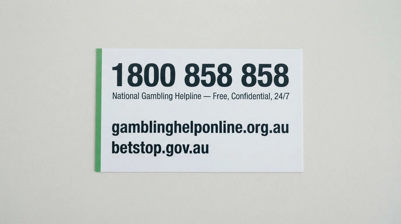 A clean, text-forward layout showing the National Gambling Helpline number (1800 858 858), the Gambling Help Online URL, and the BetStop registration URL, arranged as a take-action resource card