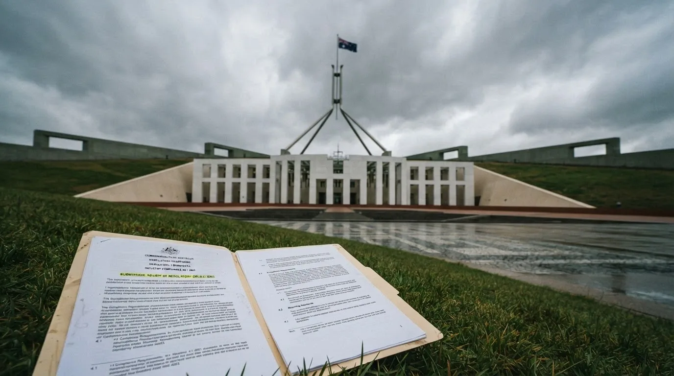 Australian Parliament House in Canberra with a subtle gambling-regulation document overlay