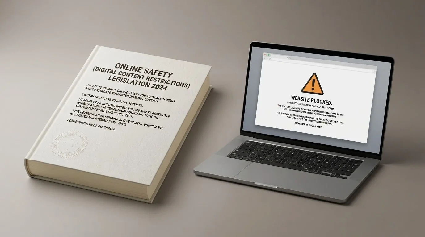 A legislative document showing the Interactive Gambling Act 2001 beside a geo-blocked website notice, with the ACMA logo visible