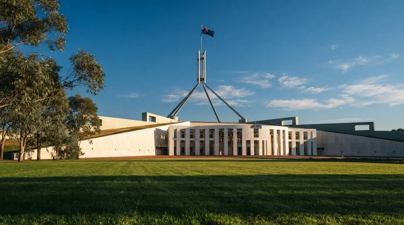 The Australian Parliament House facade against a clear sky