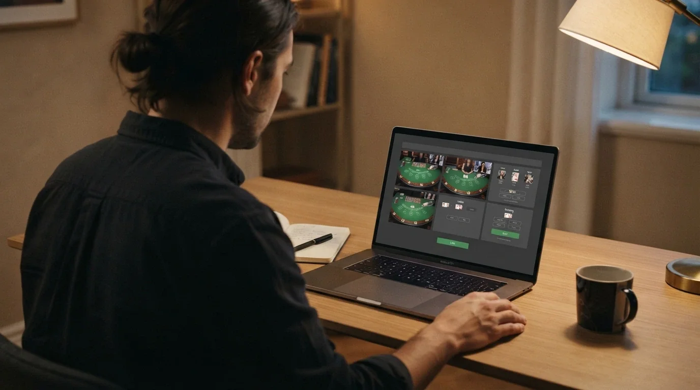 An Australian player at a desk with a laptop, considering live-casino options thoughtfully