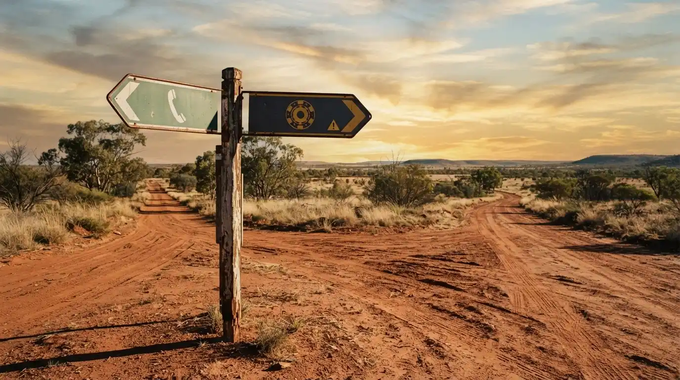 A crossroads sign in an Australian landscape — one direction marked with a help-phone icon, the other with a casino-chip icon and a small warning symbol